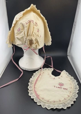 Vintage Baby Baby Girl Bonnet Size 0-3 Months 1980s Plus Bib Embroidered Hearts - Image 1 of 4