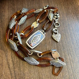 Vintage Brighton BROWN tortoise shell PLASTIC METAL HEART CHAIN BELT SIZE Large - Picture 1 of 10