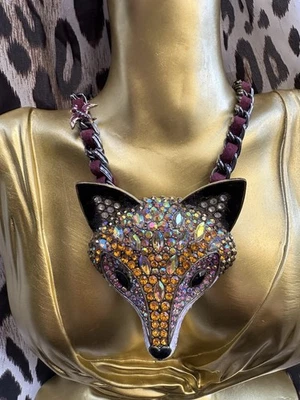 Collar Betsey Johnson Bosque Surrealista Ámbar GRANDE Cristal Cabeza de Zorro Critter Pájaro Foto 1 de 4