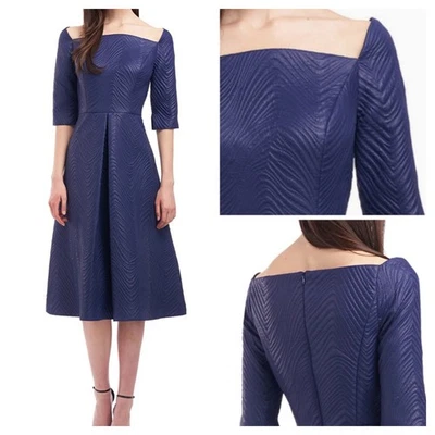 Kay Unger 连衣裙 8 码海军蓝绗缝 Midi 露肩肘袖全新带标签  — 第 1/4 张图片