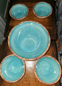 Tommy Bahama 5 Pc Set Serving Bowl Trim Bowls Turquoise Melamine Nice Tropical - Picture 1 of 12