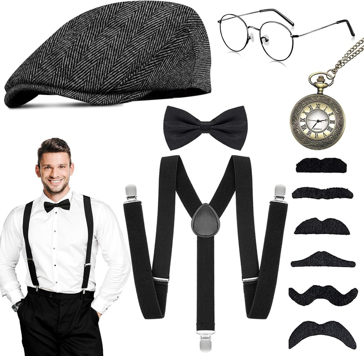 20er Jahre Accessoire Set Damen – 6-teiliges Gatsby Set Mit Perlenkette & Armband | Schwarz, Für Kostümparty & Casino Outfit