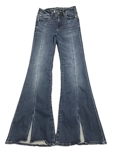 American Eagle Festival Flare Jeans Womens 2 Blue Next Level Stretch Front Slits - Picture 1 of 5