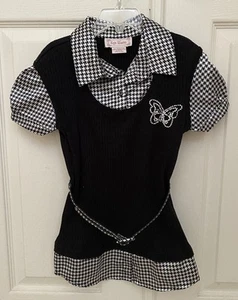 Girls Black & White Satin Preppy Butterfly Rhinestone Belt Vest Top Size 10/12 - Picture 1 of 7