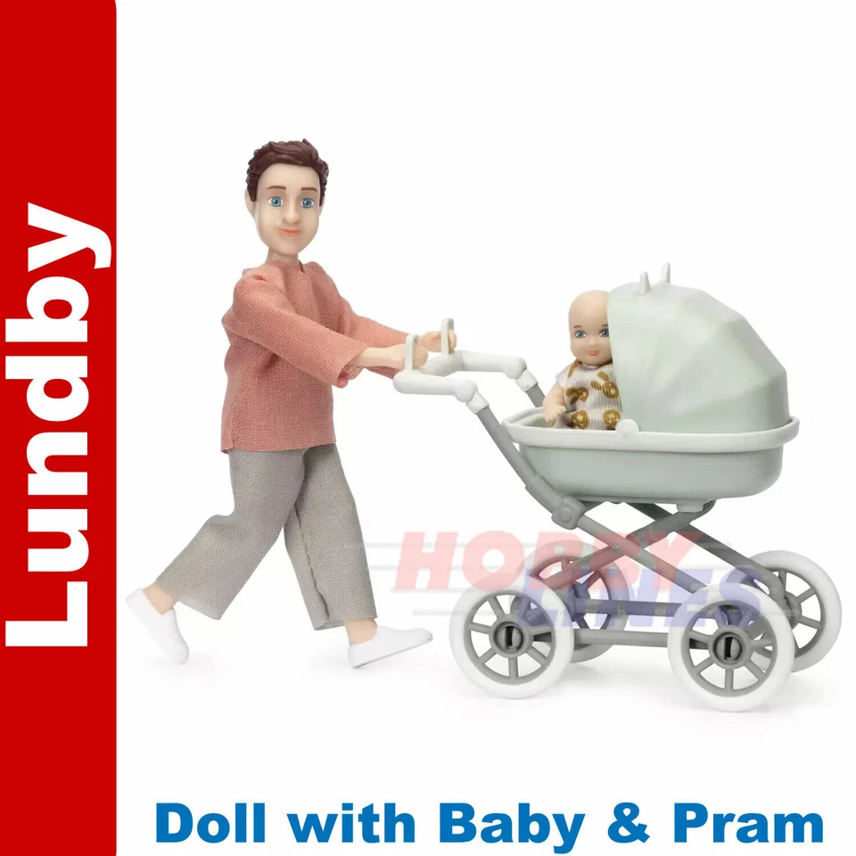 LUNDBY FIGUR mit KINDERWAGEN & BABY Puppenhaus 1:18 gelenkt LUNDBY Schweden