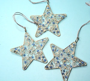 THREE Wire Beaded Star Christmas Tree Ornaments silver/blue - Picture 1 of 2