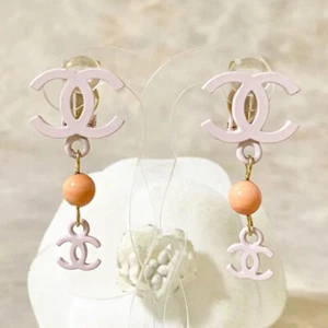 CHANEL Pink CC Logos Ball Stone Dangle Clip-On Earrings Gold Tone 03S Auth D-d11 - Picture 1 of 4