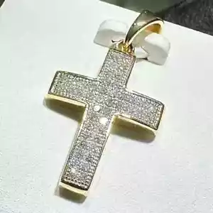 2Ct Round Cut Real Moissanite Cross Charm Men's Pendant 14K Yellow Gold Plated - Picture 1 of 8