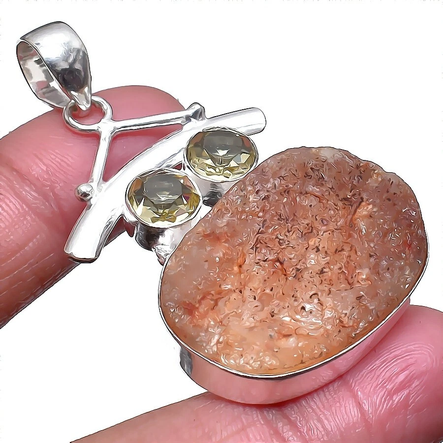 Strawberry Quartz Gemstone Handmade 925 Sterling Silver Jewelry Pendant Sz 2.25" - Image 1 of 1