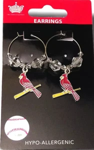 St Louis Cardinals Dangle Earrings Clear Beads Hoop W/Logo Hypoallergenic MLB - Picture 1 of 2