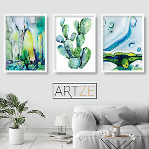 Set of 3 Cactus Abstract Paintings Aqua Turquoise Wall Art Print Picture Poster
