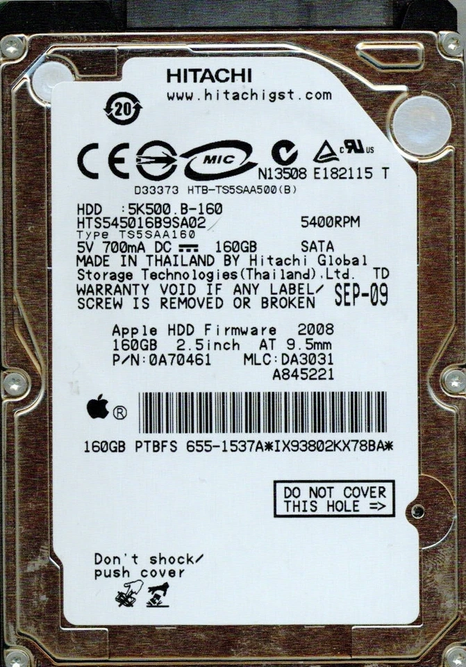 HTS545016B9SA02 P/N: 0A70461 MLC: DA3031 HITACHI SATA 160GB - Image 1 of 1
