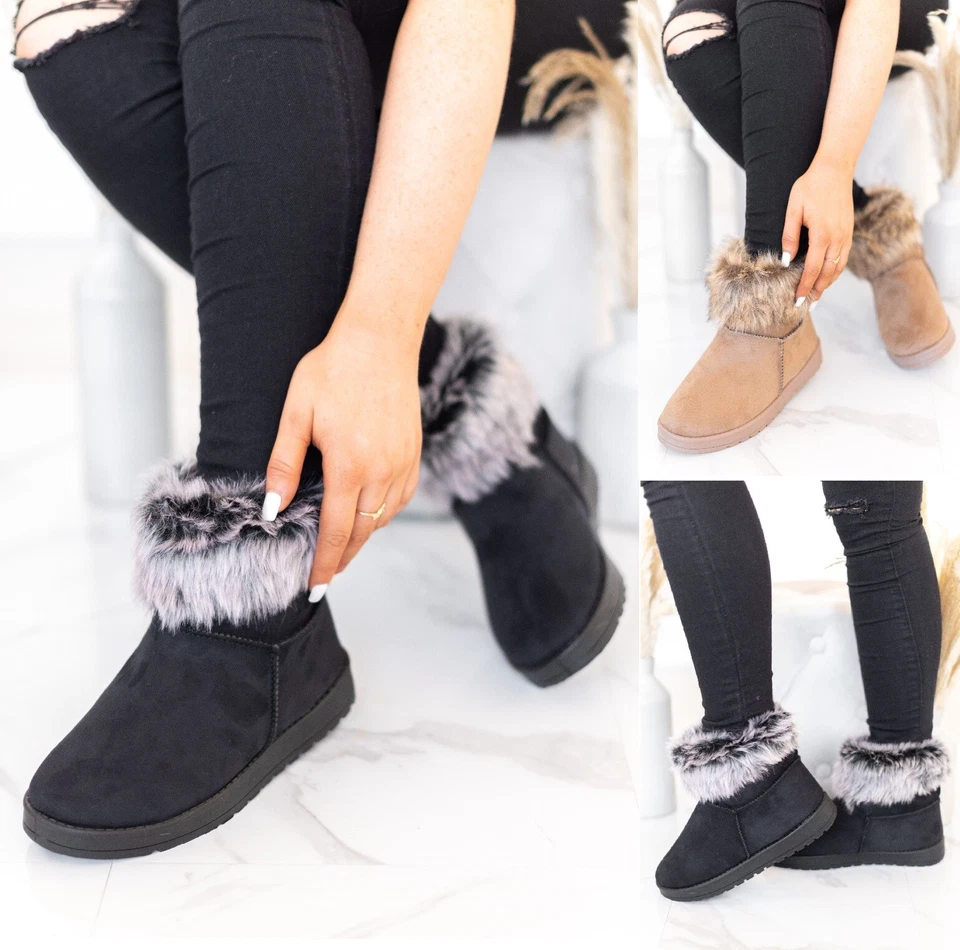 WOMENS SIZES SHOES WARM LINED WINTER ANKLE SNUGG LADIES BOOTS FAUX FLUFFY FUR UK