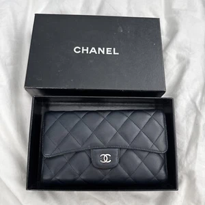 Chanel Blue Lamb Leather Long Quilted Silver Hardware Wallet W/box - Picture 1 of 23
