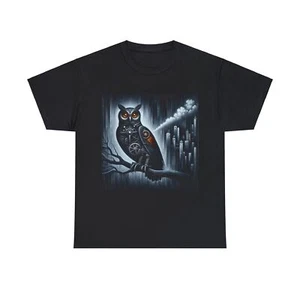 Camiseta Unisex Adulto Art Deco Mecánica Búho Steampunk Gótica Negra Camiseta Noche - Imagen 1 de 12