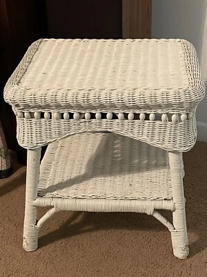 White Wicker Side Table with Beaded Edge and Storage Tier 22 x 18 x 23 - Image 1 of 4