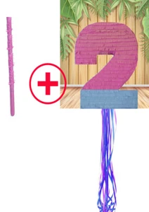 Number Two 2 Blue Pink Pinata birthday Piñata Pull string Hit WITH OPTION STICK - Picture 1 of 9