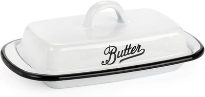 Enamel Butter Dish with Lid, Vintage Enamelware White Butter Tray Black Rim Butt - Image 1 of 4