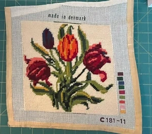 Vintage Completed Needlepoint Canvas Only 12” x 12” Floral - As Is - Picture 1 of 2
