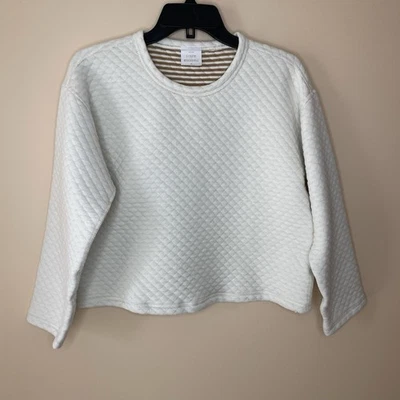J.CREW Quilted Pullover Women Small Reversible NEW Ivory Stripe Sweatshirt BY985 - Image 1 of 4