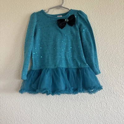 Swiggles Sparkle Sequin Dress Girls Size 4T Teal Blue Toddler Black Bow - Image 1 of 4