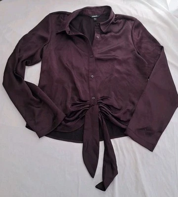 Express Womens Faux Silk Shirt Front Knot Corp Core Plum Purple Office Work Med - Image 1 of 4
