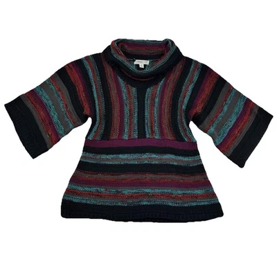 Suéter Coldwater Creek M Multicolor Rayas Tejido Capucha Cuello Manga 3/4 Túnica Boho Foto 1 de 4
