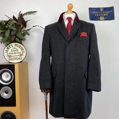 CROMBIE (42R) Brushed Wool Velvet Collar Overcoat Covert Coat Jacket Grey Car - Image 1 of 4