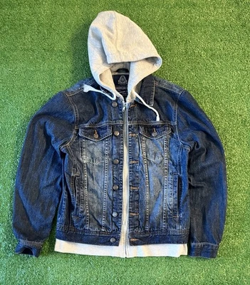 Jaqueta American Rag Cie Masculina Média Azul Denim Algodão Zíper Completo Com Capuz - Imagem 1 de 4