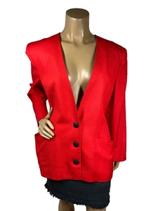 Jones New York Suit Red Blazer SZ 12 Vintage V Neck Black Buttons Curved Pockets - Picture 1 of 11