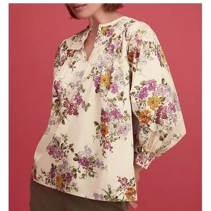 Johnny Was Cream Floral Printed Peasant Top 100% Cotton Size Medium - Picture 1 of 12
