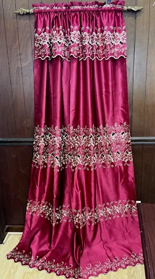 Curtains Panels With Attached Valance Satin Embroidery Blackout Window Rubi Red - Image 1 of 4