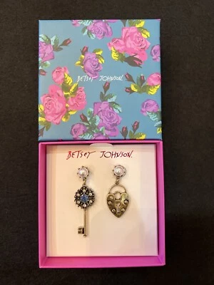 Betsey Johnson Mismatch Earrings Heart Lock & Key Blue Crystal Pearl NIB - Image 1 of 3