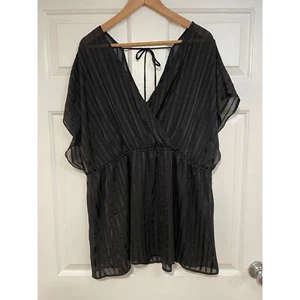 Torrid 2 Dolman Kimono Sleeve Sheer V Neck Tie Back Top Striped Black 18 20 2X - Picture 1 of 9
