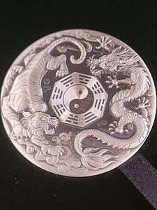 2021 2 Oz Dragon & Tiger Antiqued Silver Coin .9999 - Picture 1 of 2