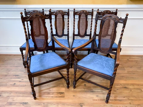 Antique English Oak Barley Twist Cane Back Carved Dining Chairs C.1900 Set of 6 Cover
