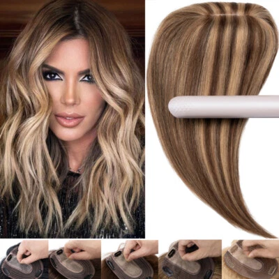Highlight Clip in Topper Hairpiece Woman Toupee Virgin Human Hair Silk Base Lace - Image 1 of 4