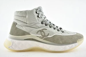 Chanel 19B Grey White Quilted Platform CC Logo Lace High Top Trainer Sneaker 41 - Picture 1 of 11