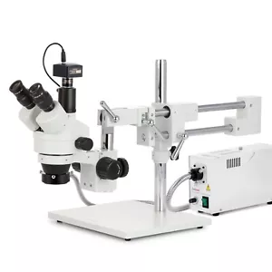 Amscope 3.5-45X Simul-Focal Zoom Stereo Boom Microscope+10MP Camera +Fiber Light - Picture 1 of 17