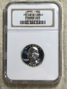 1955 NGC PF68 CAMEO 90% SILVER PROOF WASHINGTON QUARTER 25C NGC "W" Designation - Picture 1 of 8