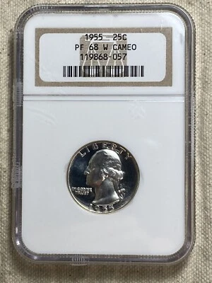 1955 NGC PF68 CAMEO 90% SILVER PROOF WASHINGTON QUARTER 25C NGC "W" Designation - Image 1 of 4