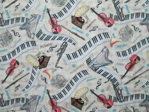 MUSIC INSTRUMENTS GRAMOPHONE WAVY KEYBOARD TAN COTTON FABRIC BTHY - Picture 1 of 6