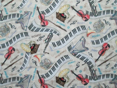 MUSIC INSTRUMENTS GRAMOPHONE WAVY KEYBOARD TAN COTTON FABRIC BTHY  - Image 1 of 4