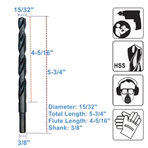 15/32" x 5-3/4" with 3/8" Shank Black Oxide Drill Bit for Metal Wood HSS Jobber  - Picture 1 of 8