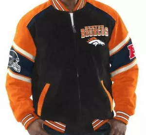 DENVER BRONCOS Suede NFL Men's Full Zip Varsity Jacket Official GIII LARGE NEW - Picture 1 of 2