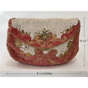 Vtg Embroidered Micro Bead Handmade Clutch Handbag, 6.5" W x 4.5" H Floral - Picture 1 of 9