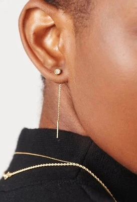 Solitaire Threader Earrings in 14K Solid Gold Bezel Earring For Women - Image 1 of 4