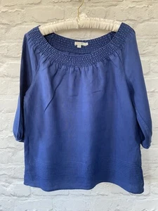 BODEN SIZE 10 12 RELAX FIT ROYAL BLUE PURE LINEN SHIRRED NECKLINE 3/4 SLEEVE TOP - Picture 1 of 12