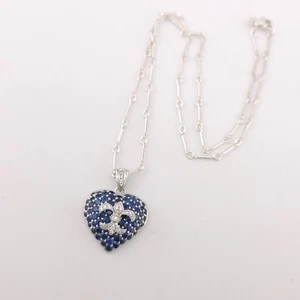 Storywheels Sterling Silver Sapphire & White Diamond Fleur De Lis Heart Pendant - Picture 1 of 13