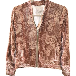 Chaser Silk Velvet Burnout Bomber Jacket XS Mauve Floral Damast Zip Front Boho - Bild 1 von 7